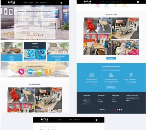 Mise en page de plusieurs copies d'écrans du site du magasin de meubles Antika Armentières