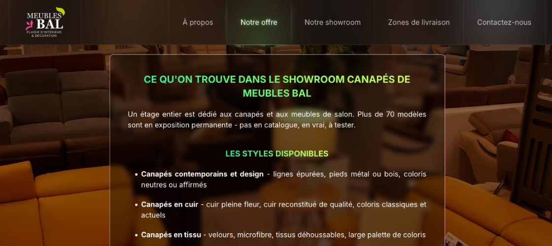 Image d'un extrait de page du site du magasin de meubles Bal proche de Calais