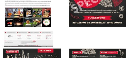 Miseen page de plusieurs copies d'écrans du plan de communication d'une pizzeria sur lomme