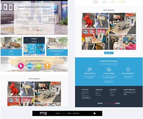 Mise en page de plusieurs copies d'écrans du site du magasin de meubles Antika Armentières