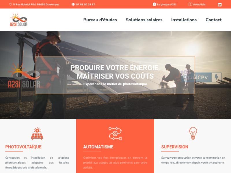 Page d'accueil du site A2SI Solar, installateur photovoltaïque pour les professionnels à Dunkerque