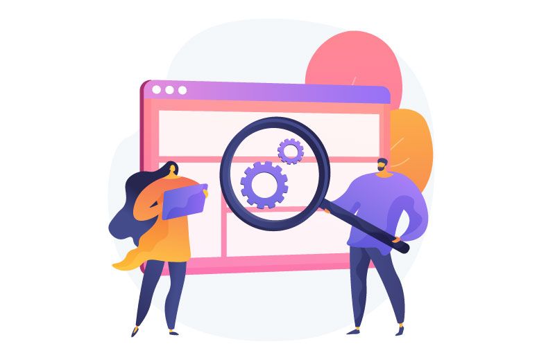 Illustration de deux personnages en cours d'analyse de site ecommerce