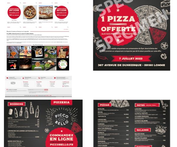 Miseen page de plusieurs copies d'écrans du plan de communication d'une pizzeria sur lomme