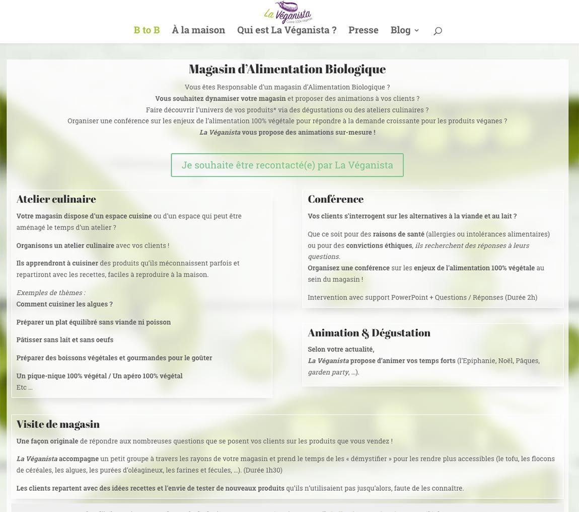 Page entreprise du site La Véganista